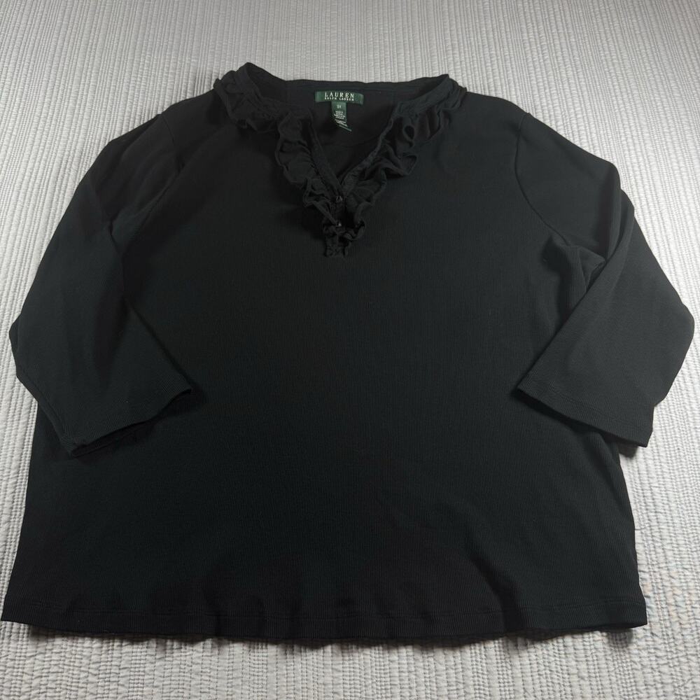 Lauren Ralph Lauren Top Shirt Womens Xl 3/4 Sleeves Ruffled V Neck Quiet Luxury